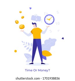 Man resolving dilemma, making decision or choosing between two options or alternatives, clock and dollar coins. Concept of time or money, work-life balance. Modern flat colorful vector illustration.