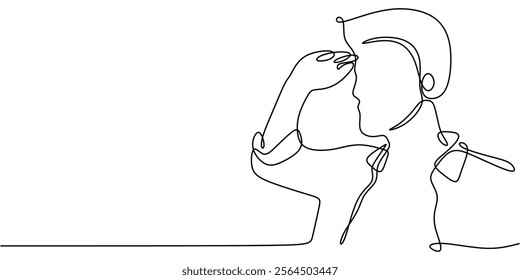 A man in a respectful pose in continuous line drawing. Depicting honor, reverence, and showing respect. Vector illustration hand drawn.