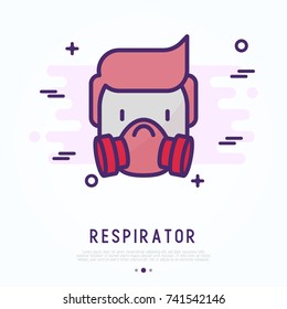 Man in respirator thin line icon. Modern vector illustration of protective mask.