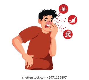 man with respiratory allergy symptoms, Healthcare concept. Vector illustration.