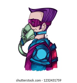 A man in a respiratory mask. Character in a fantastic costume of the future.