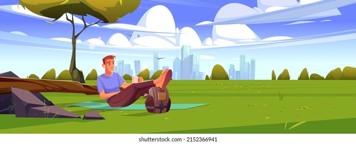 Man rest on green lawn with trees, bushes and city buildings on horizon. Vector cartoon illustration of autumn landscape of park or countryside with person sitting on mat with cup and backpack