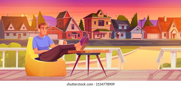 Man rest on wooden house porch in suburban street. Vector cartoon illustration of person sitting in bean bag chair with cup and earbuds on terrace and view of cottages at sunset
