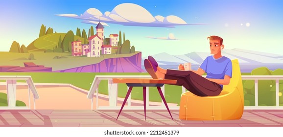 Man rest on wooden house terrace with view of mediterranean island with houses and trees. Summer landscape with person with cup sitting in bean bag chair on house porch, vector cartoon illustration