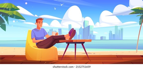 Man rest on wooden terrace on sea beach. Vector cartoon summer tropical landscape of ocean shore, palm trees, city on skyline and person sitting in bean bag chair with cup on embankment