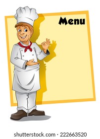 Man restaurant chef cook with menu board vector illustration. Chef with menu board for restaurant design in cartoon style.