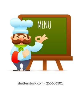 Man restaurant chef cook with menu informational billboard vector illustration