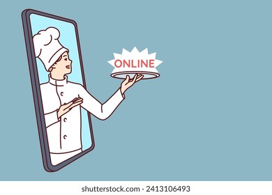 Man restaurant chef cook with word online on tray looks out of phone screen offering to download mobile application. Guy who works as chef recommends using food delivery services to home