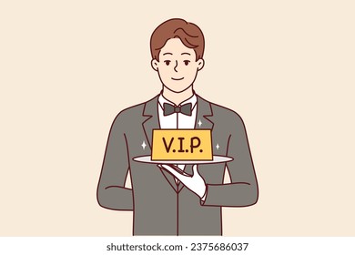 Man restaurant waiter holds vip sign on tray, offering to book table with personalized service. Guy in suit and white gloves works as professional waiter in catering company with vip clients.