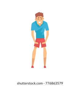 Man resting after jogging, leaning with hands his feet. Successful guy with smiling face. Cartoon male character in sportswear. Flat vector design