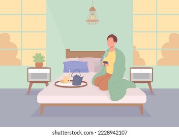 Man resting alone at home flat color vector illustration. Drinking tea and enjoying calmness. Time for yourself. Fully editable 2D simple cartoon character with bedroom interior on background