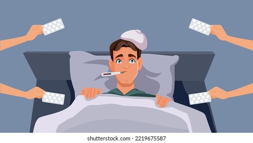 

Man Resting in Bed Receiving Treatment for Fever Vector Illustration. Patient feeling sick with high fever and cold symptoms being prescribed antipyretic medication
