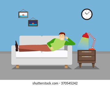 Man is resting in the bedroom on the couch or sofa. Lounge room. Man reading book illustration. Bedroom vector illustration.