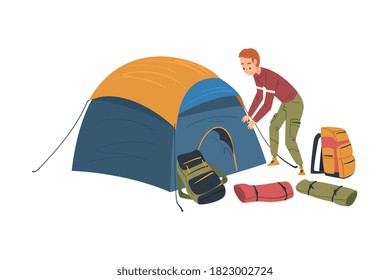 Man Resting in Camping Tent, Male Tourist Hiking on Nature, Summer Adventure Trip Cartoon Style Vector Illustration