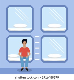 Un hombre descansa en un hotel de cápsulas. Ilustración vectorial en un estilo plano.