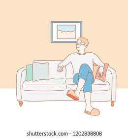 A man is resting comfortably on the sofa. hand drawn style vector design illustrations.