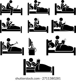 Man Resting and Doing Activities on Bed Stick Figure Pictogram
