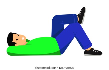 The man is resting. The guy lies on his back with his hands behind his head. Vector illustration, character in flat style.