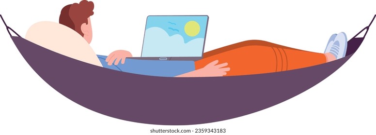 Man resting in hammock with laptop. Vacation relax isolated on white background