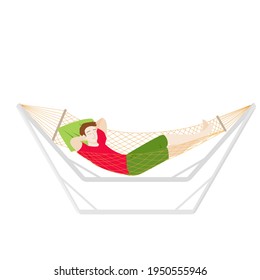 a man is resting in a hammock. summer vacation. holidays and weekends. stock vector illustration on a white background.