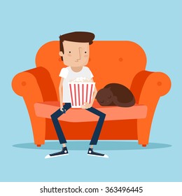 Man resting with his cat at home sitting on sofa and watching tv while eating popcorn. Vector Illustration