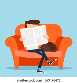 Man resting with his cat at home sitting on sofa and reading newspaper. Vector Illustration