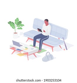 Man resting at home after work isometric vector. Male character in living room on comfortable couch reads web book from tablet. Calm relaxing comfort cozy interior realistic illustration.