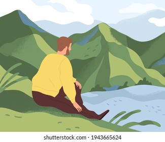 Man resting in nature alone. Thoughtful person sitting on river bank, looking at water and thinking about life in loneliness and calmness. Colored flat vector illustration of guy relaxing in solitude