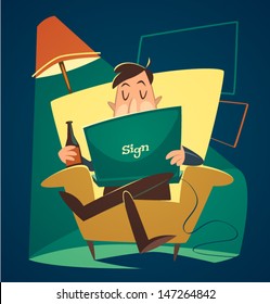 Man resting with a notebook. Household series vector illustration.