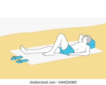Man is resting on the beach, leisure in the fresh air. Linear Vector Illustration