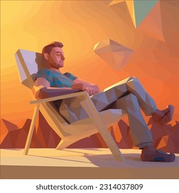 Man resting on the beach, low poly 3D rendering art
