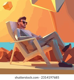 Mann, der am Strand ruht, Low-Poly-3D-Rendering-Kunst