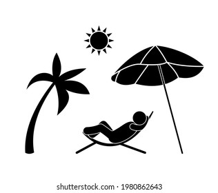 hombre descansando en la playa en una tumbona, complejo tropical ilustrativo vectorial, icono del varón