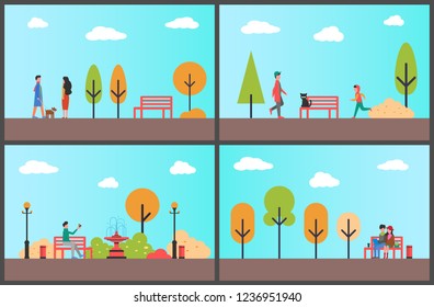 Man resting on bench of autumn park on sunny day vector. Outdoors fun people, fall season relaxation in wood. Teenagers and children with cat and dog