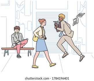 A man is resting on a chair. A businessman is running busy. A girl is walking. hand drawn style vector design illustrations. 