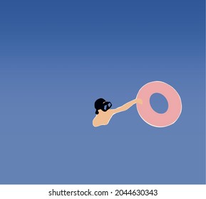 Man resting on floating pink rubber ring on sea water background. Vacations on tropical island. Summer rest. Minimal summer concept
