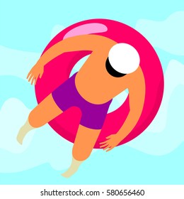 Man resting on floating red rubber ring on swimming pool water background. Summer rest. Sea vacation. Web graphics, banners, brochures, business templates. Vector flat illustration.