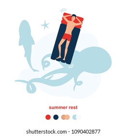 Man resting on a floating rubber inflatable raft on the sea. And swims over a big octopus, fish and starfish. Summer rest. Sea vacation. Isolated objects.