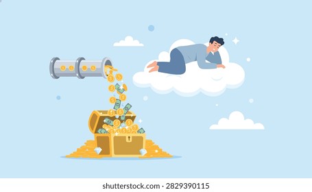 Man resting on a fluffy white cloud while gold coins pour from a pipe into a treasure chest, symbolizing passive income.