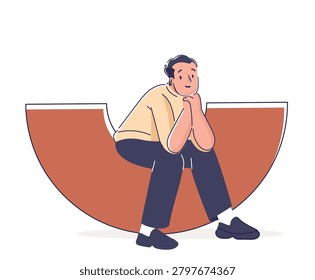 Man resting on a large semicircle bench, chin on hands, casual outfit with shoes on floor. Concept of contemplation, pause, fatigue, and downtime with space for message. Cartoon vector illustration.