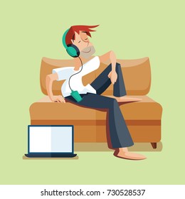 Man resting on sofa with music and notebook. Vector illustration