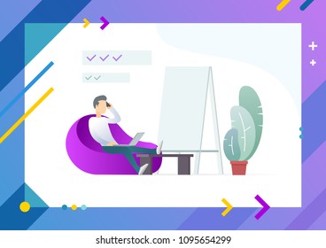 Man resting on soft chair, put hands on table with notebook, tripod board stand nearby vector illustration of male character and plant in pot on tablet screen. Conceptual Web template.