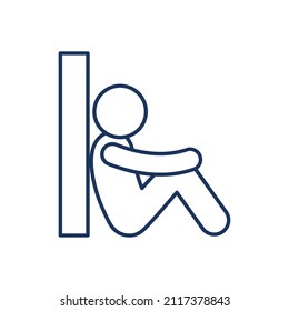 man resting sitting against the wall, simple vector icon to sit, human silhouette linear illustration