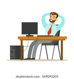 Man Resting And Stretching At His Desk, Part Of Office Workers Series Of Cartoon Characters In Official Clothing