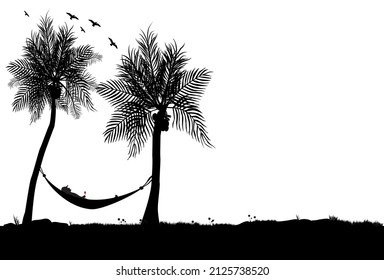 man resting under coconut tree with a glass of red wine