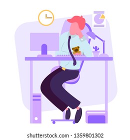 man resting at work, a short break after a long hard work, office worker fell asleep on a break with a soft toy bear,vector image,colorful cartoon character