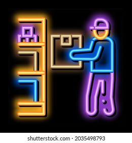 man restocking in cellar neon light sign vector. Glowing bright icon man restocking in cellar sign. transparent symbol illustration