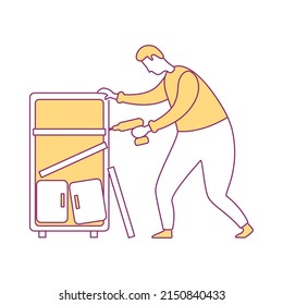 Man restoring broken bookcase semi flat color vector character. Fixing bookshelves. Posing figure. Full body person on white. Simple cartoon style illustration for web graphic design and animation