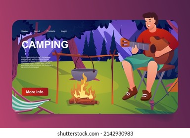 Man rests at camping concept in cartoon design for landing page. Tourist plays guitar while sitting by campfire, trekking in mountain forest with tent. Vector illustration with people for web homepage