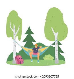 Man rests in hammock in the forest during camping or hiking, flat vector illustration isolated on white background. Character relaxes in nature. Tourist with backpack in hammock between trees.